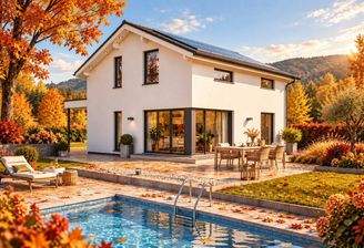 Modernes Haus mit Pool im Herbstgarten