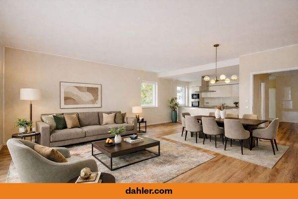 Großzügiges Wohnzimmer mit offener Einbauküche (Visualisierung)