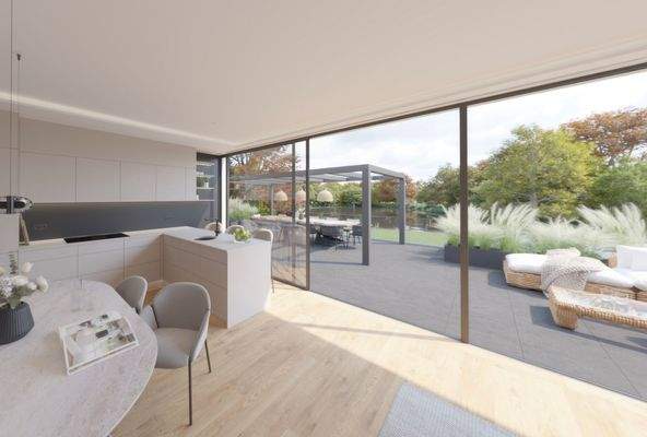 Visualisierungsbeispiel Wohnbereich mit Blick zur Terrasse WGH 10