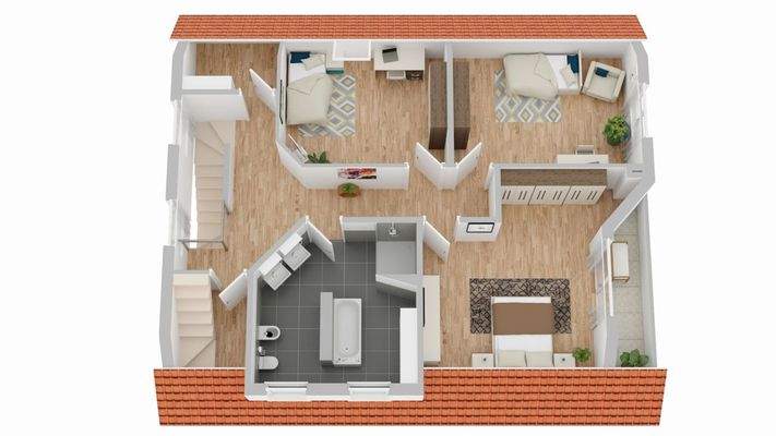 Drei Zimmer im OG, großes Bad und Treppe zum Spitzboden