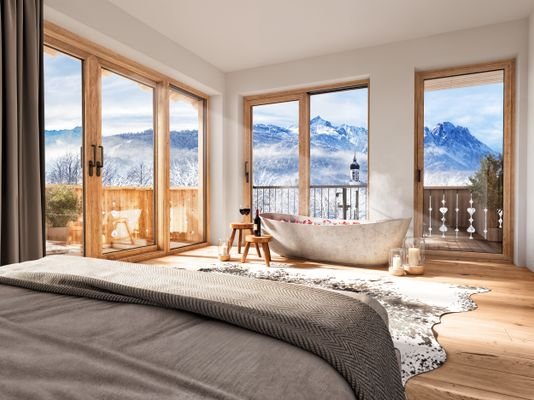 Schlafzimmer mit Bergblick