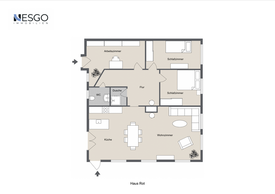 Grundriss Haus Rot (Beispielmöblierug)
