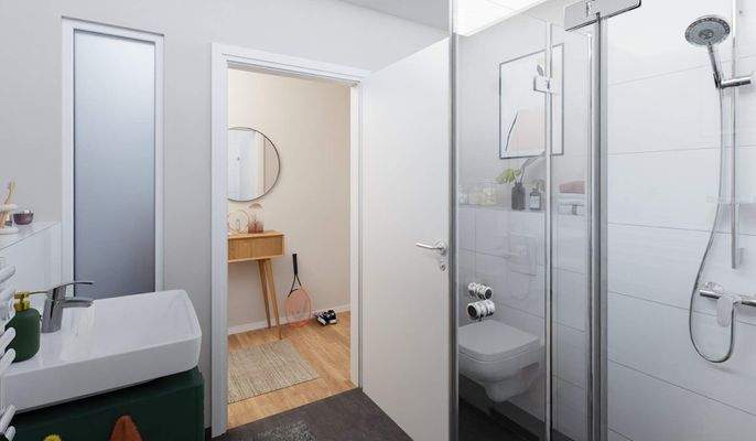 Modern gefliestes Bad mit bodengleicher Dusche