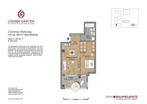 Grundriss mit Flur (2,1 m²), Bad (7,5 m²), kombinierter Wohn- und Kochbereich (24,6 m²), Schlafzimmer (17,1 m²) und Loggiia (12,77 m²)