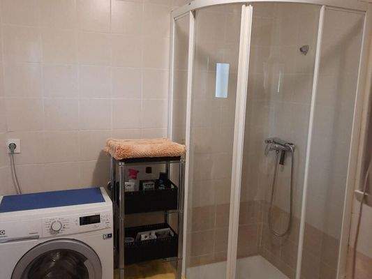 Badezimmer mit Waschmaschine und Dusche 