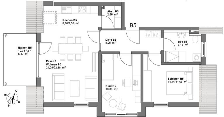 Grundriss Wohnung Nr. 5B (nicht maßstabsgetreu - kann vom Original abweichen)