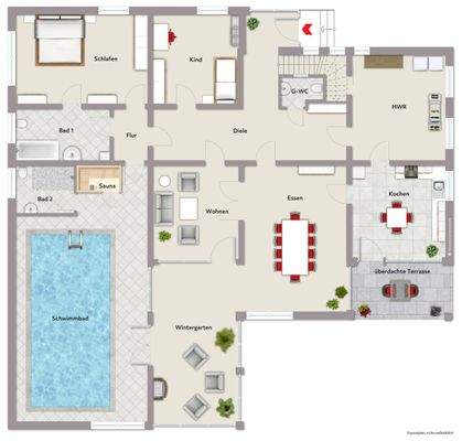 Grundriss Erdgeschoss (nicht maßstabsgerecht, Möblierungsbeispiel)