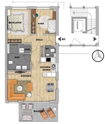 Grundrissvariante zur Wohnung B3 im Obergeschoss