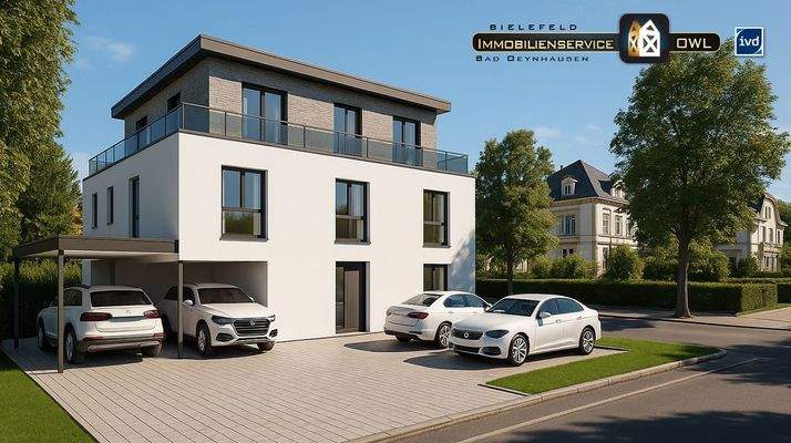 Nordansicht mit Parkflächen + Carports