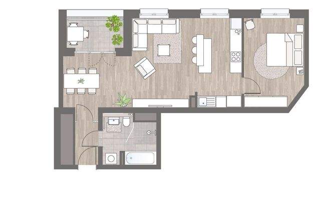 Visualisierung mit beispielhafter Mobilierung ohne Wand zur Küche