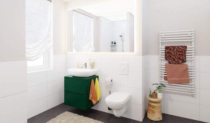 Modernes Tageslichtbad mit bodengleicher Dusche und Badewanne