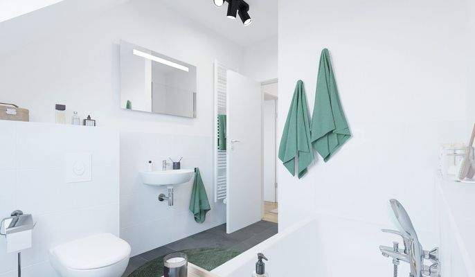 Ein modern gefliestes Badezimmer