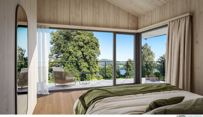 Schlafzimmer mit Seeblick bei Tag