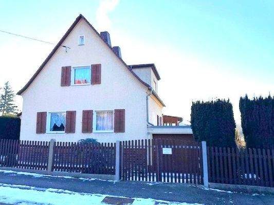 Vorderansicht und Zufahrt mit Garage