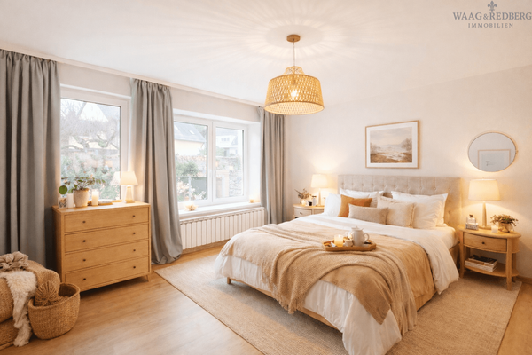 Visualisierung des Schlafzimmers im Erdgeschoss mit Ausgang zum Garten