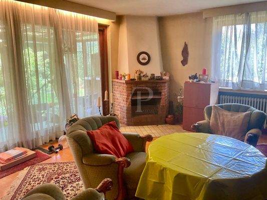 Wintergarten mit Kamin und Blick zur Terrasse