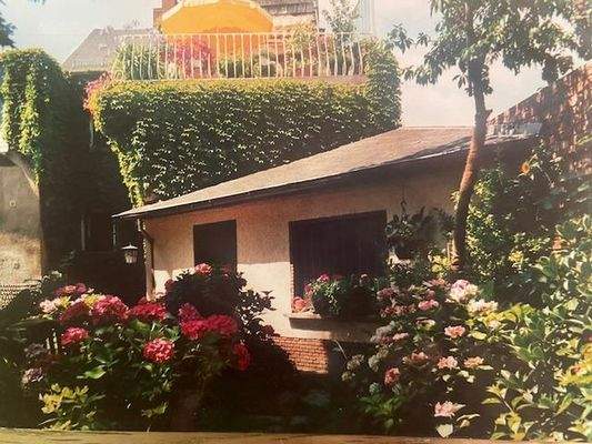 Blick aus Garten zur Terrasse