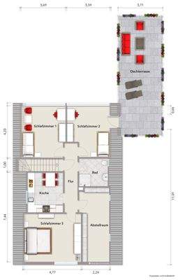 Grundriss Dachgeschoss (nicht maßstabsgerecht, Möblierungsbeispiel)
