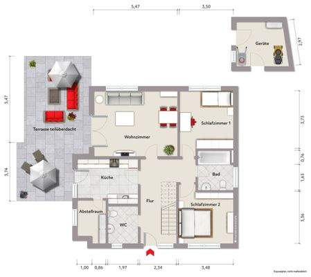 Grundriss Erdgeschoss (nicht maßstabsgerecht, Möblierungsbeispiel)