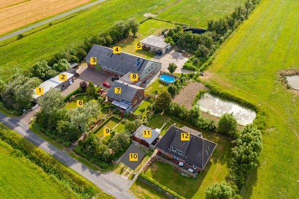 1 Fitnessraum| 2 Tischtennis/ Gastronomie| 3 Sauna| 4 Pferdeboxen| 5 Spielwiese| 6 Liegewiese| 7 Haupthaus| 8 Drei Ferienwohnungen | 9 Garten-Carree| 10 Doppelgarage| 11 Hauswirtschaftsräume| 12 Altenteil-Wohnhaus