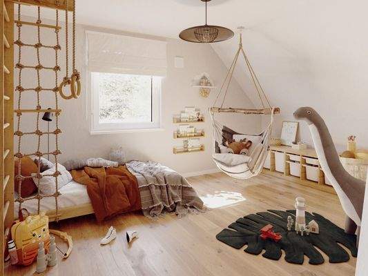 Helles, freundliches Kinderzimmer mit natürlichen Farben und Holzelementen.