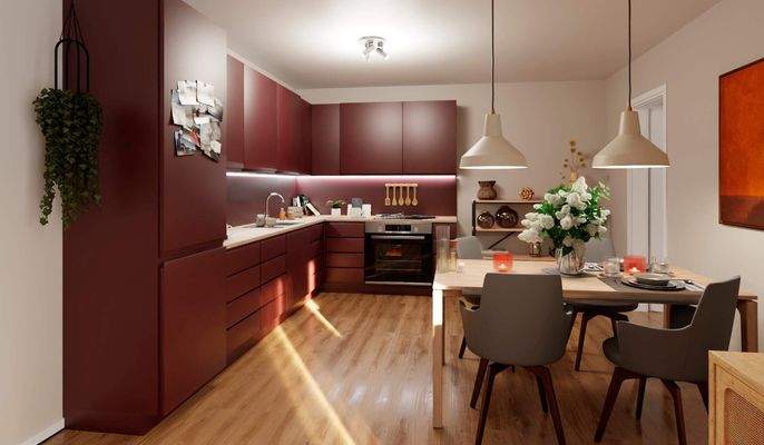 Die offene Wohnküche lädt zu gemeinsamen Mahlzeite