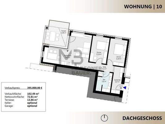 Grundriss Wohnung 10 mit Terrasse im 2./letzten Stock - planimetria appartamento 10 con terrazza al 2./ultimo piano