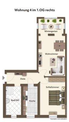 Grundriss mit beispielhafter Möblierung