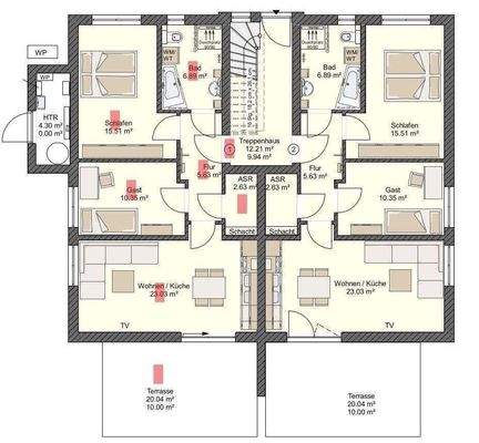 Grundriss Whg.1, EGre rot markiert 