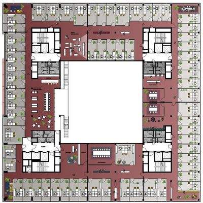 Sockelgeschoss - beispielhafte Raumaufteilung Zellenbüros 