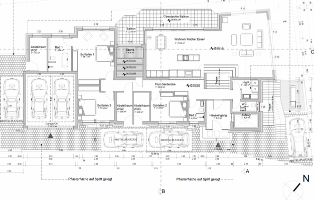 Grundriss EG mit Stellplätzen und Abstellräumen