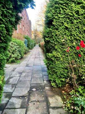 Blick von dem Außenstellplatz zu den Zugängen der Häuser