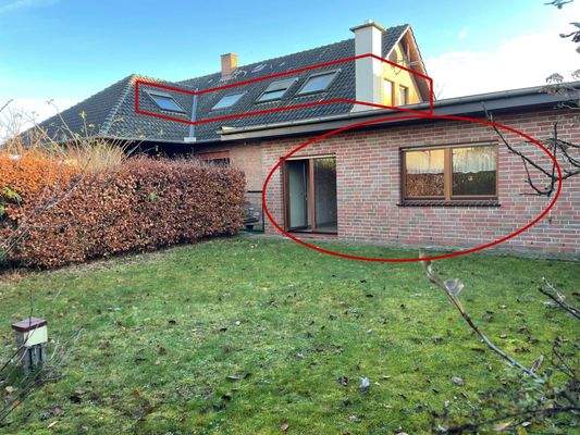 Hinteransicht (Südwesten): Wohnung, Hobbyraum und Garten