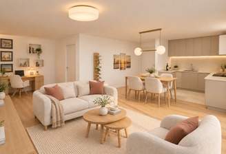 W01A Wohnzimmer mit Küche und Homeoffice-Bereich - Visualisierung