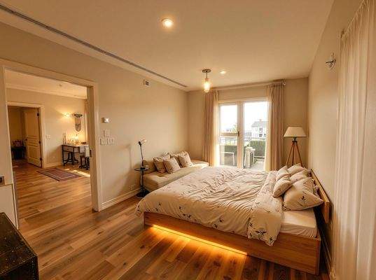 Lichtdurchflutetes Schlafzimmer mit elegantem Schweberahmen und stimmungsvoller Ambiente-Beleuchtung