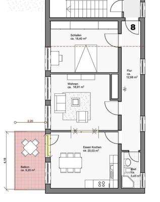 Grundriss 2,5-Zimmer-Wohnung mit Balkon im 2.OG