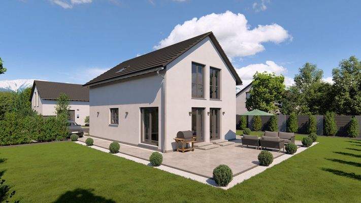 Modernes Einfamilienhaus mit großzügiger Terrasse und harmonischer Gartengestaltung