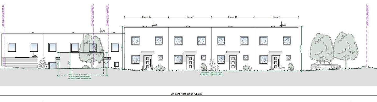 Reihenhauswohnungen Gesamtansicht Haus A - D (Norden)