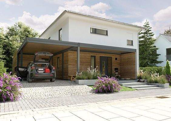 Einfamilienhaus-Flair-124-Kubus-Carport-Erweiterung-Holz-Strassenansicht