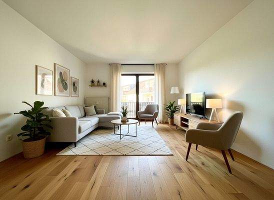 Wohnzimmer mit Beispiel Bodenbelag und Einrichtung