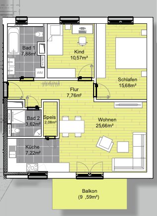 3 Zimmer mit 2 Bädern