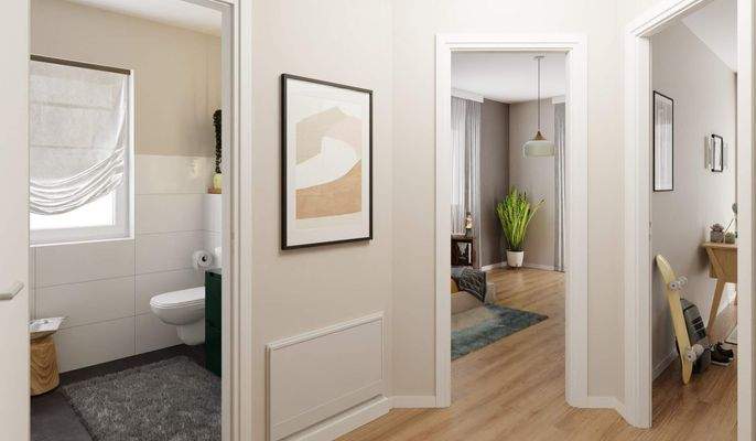 Der Flur bietet Platz für Bilder und Deko