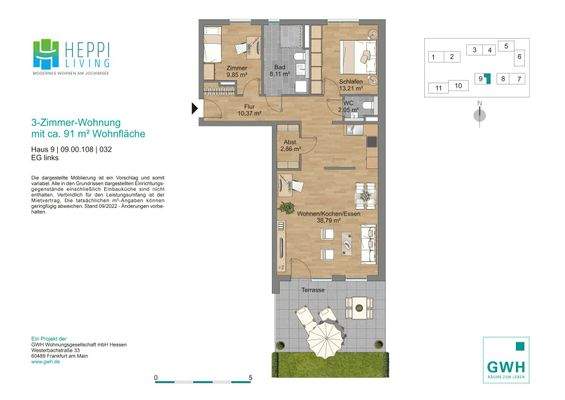 Grundriss mit Flur (10,37 m²), Bad (8,11 m²), WC (2,05 m²), Koch-Ess-Wohnbereich (38,79 m²), Schlafzimmer (13,21 m²), Kinderzimmer (9,85 m²), Abstellraum (2,86 m²) und Terrasse