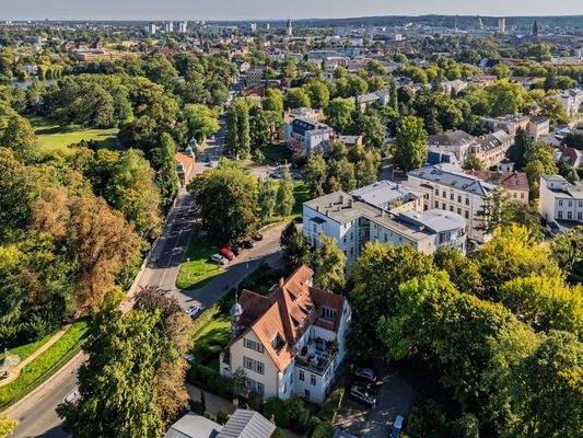 Aerial view looking toward the city center