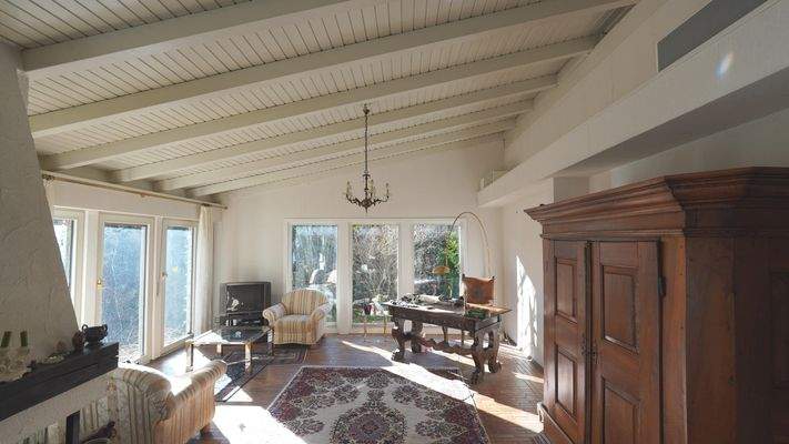 Großer Wohnbereich mit Kamin und Zugang Garten - Terrasse