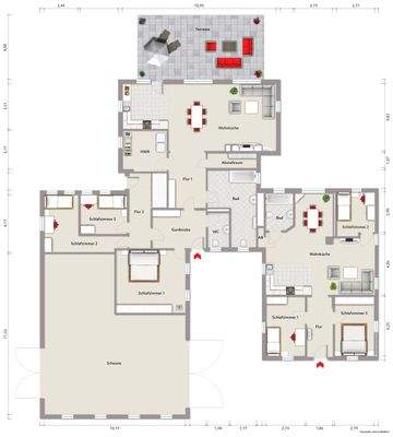 Grundriss Erdgeschoss (nicht maßstabsgerecht, Möblierungsbeispiel)