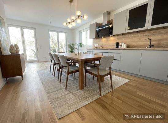 Helles Wohn-Esszimmer mit offener Küche Beispielmöblierung
