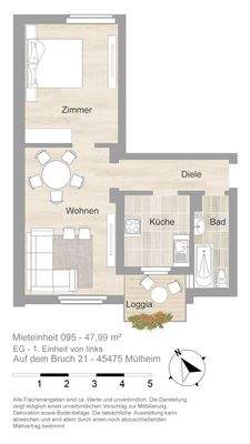 Grundriss farbig / möbliert