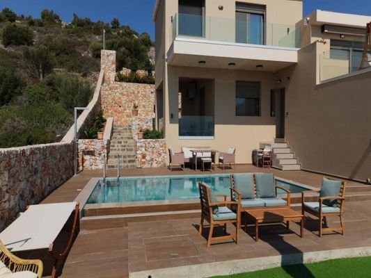 Kreta, Katsikia: Moderne Villa mit Gästeapartment, Pool und spektakulärem Meerblick zu verkaufen