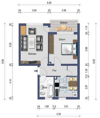 Grundriss 2-Zi.-Wohnung